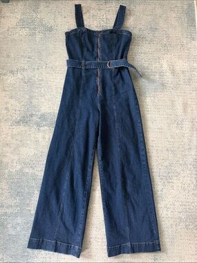 Princess Highway Zip Front Wide Leg Denim Jumpsuit Retro Blue US 4 AU 8